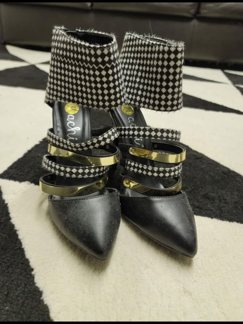Black Pointed Toe Strappy Heels with Checker Ankle Cuff